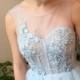 Blue Floral Strapless A-line Wedding Dress