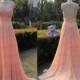 Handmade Coral Beading Chiffon Long Bridesmaid Dress Coral Cap Sleeve Prom Dress Wedding Party Dress Evening Gowns