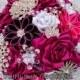 Fabric Wedding Bouquet, Brooch bouquet "Scarlet"  White and Fuchsia 9"