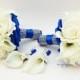 Royal Blue Wedding Flower Package Bridesmaid Bouquets Groomsman Boutonnieres Silk Stephanotis Real Touch Roses Real Touch Calla Lilies