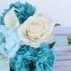 Wedding Aqua Mint Teal Turquoise Calla Lilies, Peonnies and Roses Flower Bride Fresh Style Bouquet - Robbin's Egg