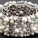 Ivory pearl rhinestone bridal bracelet wide elastic wedding wrist band bangle