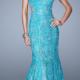 Open Back Appliques Blue Floor Length Ruched Lace Sweetheart Sleeveless Mermaid