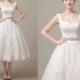 50shouse_ 50s inspired retro feel lace top with lace Tulle tea length wedding dress with crystal sash_ custom make