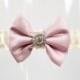 Wedding Garter Ivory Pink Rhinestone Bow Tie "Evelyn"