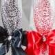 Red And Black Wedding Glasses,personalized,collection Art Deco,crystal,satin Bows,lace,luxury Traditional,wedding Champagne Flutes,2pcs.