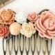 Peach Hair Comb Wedding Bridal Headpiece Coral Pink Soft Cream Ivory Apricot Flower Woodland Affordable Floral Bridal Hair Accessory WR