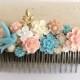 Coral Turquoise Wedding Peach Pink Hair Comb Pale Floral Headpiece Flower Bridesmaids Gold Blush Pastel Colors Soft Romantic Shabby Chic