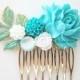 Turquoise Hair Comb Blue Gold Wedding Headpiece Sea Foam Bridesmaid Comb Bridal Hair Accessories Leaf Floral Shabby Chic Hair Slide for Prom