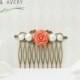 Coral pink, white pearl and gold bronze hair comb. Coral hair clip. Wedding bridal hair.