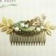 Mermaid hair comb. Gold green ivory vintage style comb. Bronze pearl comb.