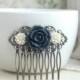 Navy Blue, Dark Greyish Blue Rose, Soft White Daisy Flower Hair Comb, Bridesmaids Gift. Bridal Wedding Comb. Something Blue. Country French