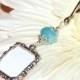 Wedding bouquet photo charm. Something blue - Light blue crystal & Small picture frame. Bridal bouquet charm. Memorial photo.