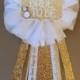 Bride To Be Flower Ribbon Pin Gold White glam Corsage Glitter Rhinestone Bride ring bling wedding bridal shower pin