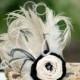 Wedding Hair Comb / Clip Champagne Ivory Beige & Black Feathers. Bride Bridal Bridesmaid, Summer Fall Fashion Brooch Pin, Statement Boudoir
