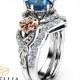 Blue Topaz Engagement Ring Set 14K Two Tone Gold Topaz Ring Floral Engagement Ring with Matching Diamond Band