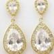 Gold Bridal Earrings Wedding Jewelry Clear CZ Gold Teardrop Earrings Gold Crystal Wedding Earrings, Evelyn