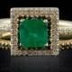 14kt Yellow Gold Emerald Engagement Ring with Black Diamond Wedding Band - LS1757