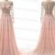 Long pink prom dress,handmade beading chiffon long sleeves formal women dress,long wedding party dress pink dresses