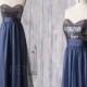 2016 Navy Blue Bridesmaid Dress Long, Sweetheart Sequin Wedding Dress, Chiffon Prom Dress, Strapless Formal Dress Floor Length (ZQ068)