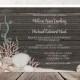 Rustic Wood Beach Wedding Invitations and RSVP - Seashells Sand Brown Wood Background - Printed Invitations