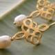 Pearl earrings bridal gold clover earrings Wedding pearl earrings