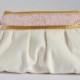Pleated Wristlet Pouch Clutch Ivory Pink Gold Beige Floral Bridesmaid Gift Linen Cotton