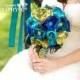 Handmade Teal, Aqua, Cobalt and Green Peacock Fabric Flower Wedding Bouquet Package - Brooch Bouquet -Custom Order