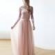 Maxi blush velvet and tulle gown with long sleeves , Velvet pink bridesmaids maxi gown