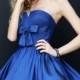 Classic Strapless Small V-cut Ruched Bodice Tiered Navy Cocktail Dress