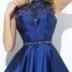 2016 Beaded Illusion High Neck Tulle Underlay Navy Homecoming Dress