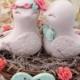 Rustic Love Bird Wedding Cake Topper -Coral, Beige and Mint Green, Love Birds in Nest - Personalized Heart
