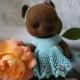 Crochet dark mustard bear-girl with azure dress and hairband with tiny flowers, relax toy with turning head, OOAK 
