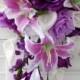 2pc Wedding Flowers:Cascade Bridal Bouquet&Boutonniere:Lavdender,Purple,White