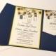Sunflower Wedding Invitation Pocketfold Set - Mason Jar Wedding Invitation Kit - Lemon Drop Cobalt Blue - Accommodation RSVP Reception Card