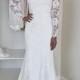 French Lace Wedding Gown with V Neckline, Buttoned Back and Long Sleeves