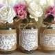 Burlap And Lace Covered 3 Mason Jar Vases Wedding Deocration, Bridal Shower, Engagement, Anniversary Party Decor
