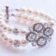 Double strand Swarovski crystals pearls Wedding bridal Bracelet, Vintage Style Bracelet Jewelry, Pearl and Rhinestone Bracelet Cuff