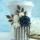 Navy Blue Rose Comb, Blue Ivory Floral Hair Comb, Blue Flower Hair Accessories, Bridesmaid Gift, Something Blue Wedding Navy Blue Hair Piece