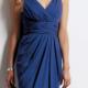 V-neck Blue Sleeveless Ruched Chiffon Floor Length