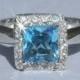 Halo Engagement Ring, Princess Cut Blue Topaz Ring with Diamond Halo - something Blue - LS929
