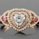 Rose Gold Engagement Ring, 14kt Rose Gold Heart Cut CZ Engagement Ring with Genuine Pink Sapphires and Diamonds - LS2809