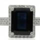 Blue Sapphire Engagement Ring, Emerald Cut Blue Sapphire Ring with Diamond Halo in 14k White Gold - LS2388
