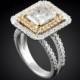 Moissanite Engagement Ring, Moissanite Double Halo Split Shank Yellow Sapphire and Diamond Ring in two tone gold - LS779