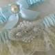 Wedding Garter Set Baby Blue With Ivory Chantilly Lace Pearl And Rhinestone Embellishment