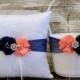 Your Color ,Navy Blue And Coral Pink Ring Bearer Pillow , Flower Girl Basket , Flower Girl Basket And Ring Bearer Pillow Set