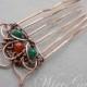 Hair pin made of copper with carnelian and chrysoprase natural stone in wire wrap art technique.  Accessories for hair