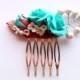 Turquoise Rose Flowers Hair Comb. Flowers and Leaf Hair Comb. Wedding Bridal Hair Comb, Turquoise Wedding Accessory