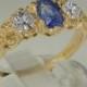 9K Yellow Gold Natural Blue Sapphire with Precious Diamonds Victorian Style Trilogy Ring - Made in England - Customize:9K,14K,18K Gold