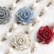 Bridemaids Bracelet French Blue Rose Bracelet With Pearls Oyster Dove Grey Flower Bracelet Pewter Grey Rose Wedding Jewelry Something Blue